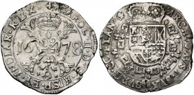 VLAANDEREN, Graafschap, Karel II (1665-1700), AR patagon, 1678, Brugge. Eerste type. Vz/ Gekroond stokkenkruis met een vuurijzer tussen het jaartal en...