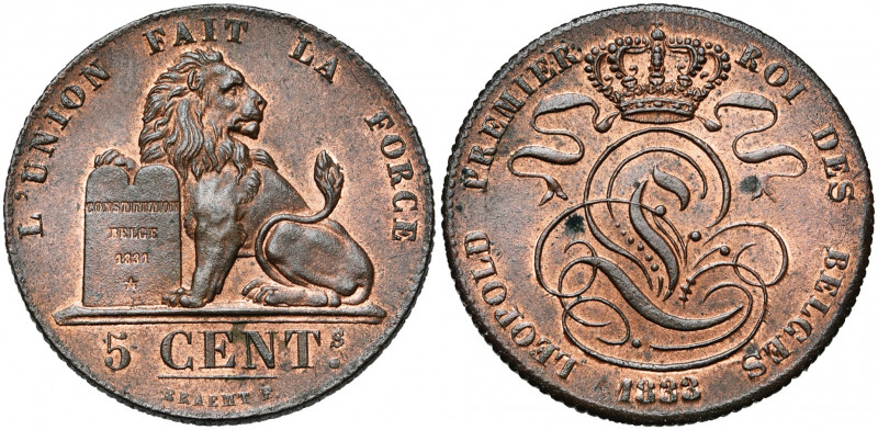 BELGIQUE, Royaume, Léopold Ier (1831-1865), Cu 5 centimes, 1833. BRAEMT F. avec ...