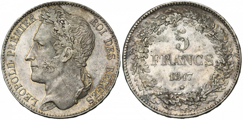 BELGIQUE, Royaume, Léopold Ier (1831-1865), AR 5 francs, 1847. Deuxième type à l...