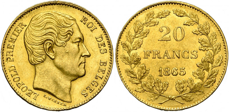 BELGIQUE, Royaume, Léopold Ier (1831-1865), AV 20 francs, 1865. Pos. A, L.WIENER...