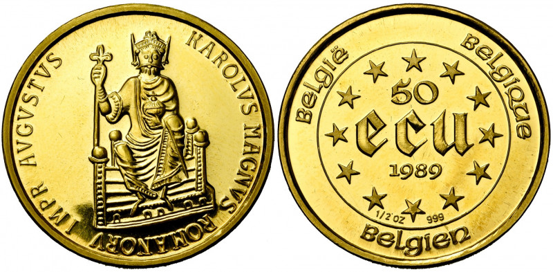 BELGIQUE, Royaume, Baudouin (1951-1993), AV 50 ecu, 1989. Charlemagne. Fr. 429....