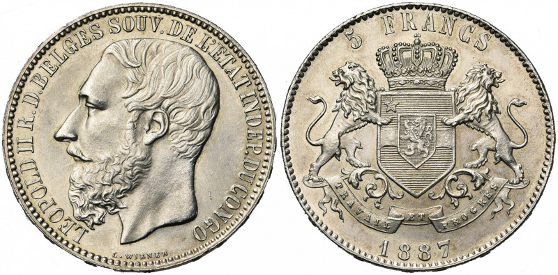 CONGO, Etat Indépendant, Léopold II (1885-1908), AR 5 francs, 1887. Dupriez 10; ...