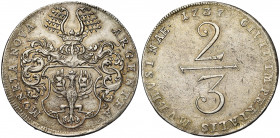 ALLEMAGNE, MUHLHAUSEN, Ville, AR 2/3 Taler, 1737. D/ Ecu de la ville heaumé. R/ Valeur dans le champ. Behr 43; Dav. 689. 16,85g.
Très Beau