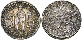 ALLEMAGNE, ORDRE TEUTONIQUE, Maximilien Ier, archiduc d''Autriche (1590-1618), AR quart de Taler, s.d., Hall. D/ Le grand maître deb. de f., en cuiras...