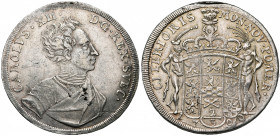 ALLEMAGNE, POMERANIE, sous domination suédoise, Karl XII (1697-1718), AR 2/3 Taler, 1709, Stettin. D/ B. cuir. à d. R/ Armoiries tenues par deux sauva...