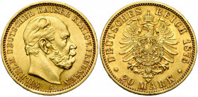ALLEMAGNE, PRUSSE, Wilhelm Ier (1861-1888), AV 20 Mark, 1875A. J. 246; A.K.S. 110; Fr. 3816.
Très Beau à Superbe