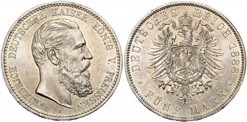 ALLEMAGNE, PRUSSE, Friedrich III (1888), AR 5 Mark, 1888A. J. 99; A.K.S. 121; Da...