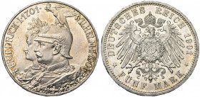 ALLEMAGNE, PRUSSE, Wilhelm II (1888-1918), AR 5 Mark, 1901. Bicentenaire du royaume. J. 106; A.K.S. 135; Dav. 790.
presque Fleur de Coin