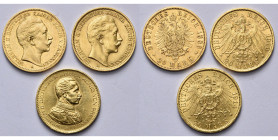 ALLEMAGNE, PRUSSE, Wilhelm II (1888-1918), lot de 3 p. de 20 Mark: 1889A, 1910A, 1914A (en uniforme, nettoyé).
Très Beau