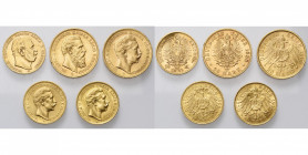 ALLEMAGNE, PRUSSE, lot de 5 p.: Wilhelm Ier, 10 Mark 1873C; Friedrich III, 20 Mark 1888A; Wilhelm II, 20 Mark 1905A, 10 Mark 1900A et 1912A.
Très Bea...
