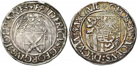 ALLEMAGNE, SAXE, Friedrich III, Georg et Johann (1500-1507), AR Schreckenberger (Engelgroschen), s.d., Annaberg. Différent: étoile. D/ Ecu tenu par un...