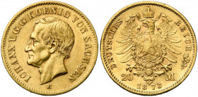 ALLEMAGNE, SAXE, Royaume, Johann (1854-1873), AV 20 Mark, 1873E. J. 259; A.K.S. 121; Fr. 3839.
Très Beau