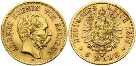 ALLEMAGNE, SAXE, Royaume, Albert (1873-1902), AV 5 Mark, 1877E. J. 260; A.K.S. 166. Rare Griffes et petits coups sur la tranche.
Très Beau