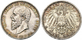 ALLEMAGNE, SCHAUMBURG-LIPPE, Georg (1893-1911), AR 3 Mark, 1911A. Commémorant sa mort. J. 166; A.K.S. 24. Petits coups sur la tranche.
Superbe à Fleu...