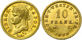 ALLEMAGNE, WESTPHALIE, Jérôme Napoléon (1807-1813), AV 10 Franken, 1813C, Cassel. Frappe monnaie. J. 43; A.K.S. 31; Fr. 3518. Rare Fines griffes.
Sup...