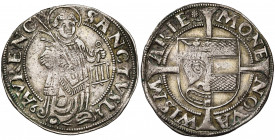 ALLEMAGNE, WISMAR, Ville, AR Doppelschilling, 1563. D/ Saint Laurent deb. de f., ten. une palme et le gril de son supplice. R/ Ecu parti posé sur une ...