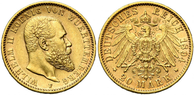 ALLEMAGNE, WURTEMBERG, Wilhelm II (1891-1918), AV 20 Mark, 1894F. J. 296; A.K.S....