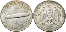 ALLEMAGNE, République de Weimar, (1919-1933), AR 5 Reichsmark, 1930A. Vol du Zeppelin. J. 343; A.K.S. 66. Petits coups.
Superbe