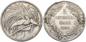 NOUVELLE-GUINEE ALLEMANDE, AR 5 Neu-Guinea Mark, 1894A. J. 707; A.K.S. 607. Traces de soudure au revers.
Beau à Très Beau