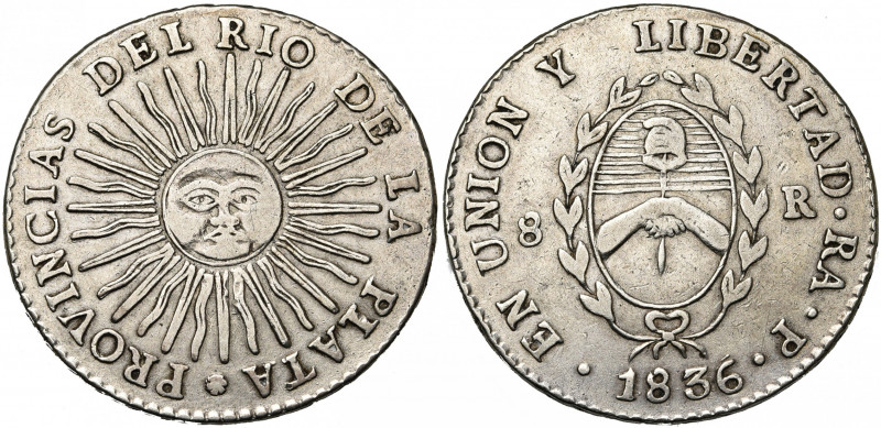 ARGENTINE, RIO DE LA PLATA, AR 8 reales, 1836RAP, Rioja. K.M. 20. Nettoyé.
Très...