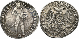 SAINT EMPIRE, Ferdinand II (1619-1637), AR Taler, 1624, Prague. D/ L''empereur deb. de f., en cuirasse, ten. un sceptre et un gl. cr. R/ Aigle impéria...