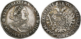SAINT EMPIRE, Ferdinand III (1637-1657), AR Taler, 1655KB, Kremnitz. D/ B. l., dr. et cuir. à d. R/ Aigle impériale couronnée, l''écu de Hongrie sur l...