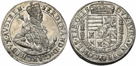 SAINT EMPIRE, Ferdinand, archiduc (1564-1595), AR Taler, s.d. (1577-1599), Hall. Pour le Tyrol. D/ B. couronné et cuir. à d., ten. un sceptre sur l''é...