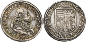 SAINT EMPIRE, Maximilien III, archiduc (1612-1618), AR Taler, 1616, Hall. D/ B. cuir. à d., avec une grande fraise, accosté de la date. R/ Ecu couronn...