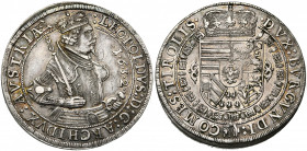 SAINT EMPIRE, Léopold V, archiduc (1619-1632), AR Taler, 1632, Hall. Pour le Tyrol. D/ B. couronné et cuir. à d., ten. un sceptre sur l''épaule et la ...