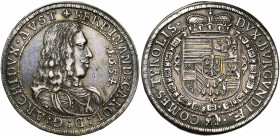SAINT EMPIRE, Ferdinand Charles, archiduc (1632-1662), AR Taler, 1654, Hall. Pour le Tyrol. D/ B. dr. et cuir. à d., les cheveux longs. R/ Ecu couronn...
