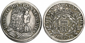 SAINT EMPIRE, MONTFORT, Johann VIII (1662-1686), AR Gulden (60 Kreuzer), 1678. D/ B. dr. et cuir. à d. R/ Ecu couronné entre deux rameaux. Ebner 107; ...