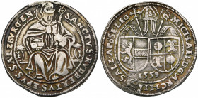 SAINT EMPIRE, SALZBOURG, Archevêché, Michael von Küenburg (1554-1560), AR Guldiner, 1559. D/ Deux écus accolés sous une mitre. R/ Saint Rupert assis d...