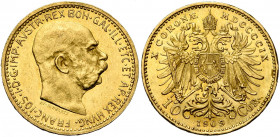 AUTRICHE, François Joseph Ier (1848-1916), AV 10 couronnes, 1909. Grande tête. Avec signature. Jaeckel 386; Fr. 513.
Très Beau à Superbe