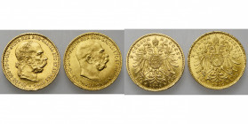 AUTRICHE, François Joseph Ier (1848-1916), lot de 2 p.: 10 couronnes 1905 (nettoyé) et 1912 (refrappe).
Très Beau et Superbe