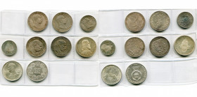 AUTRICHE, lot de 9 p.: 5 couronnes, 1908, 1909; 2 schilling, 1934, 10 schilling, 1969; Hongrie, 5 korona, 1907 (2, type normal et type du couronnement...