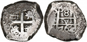 BOLIVIE, Charles III (1758-1788), AR 8 reales, 1762, Potosi. D/ Croix cantonnée de lions et de tours. R/ Les colonnes d''Hercule. Cal. 1138. 26,92g.
...