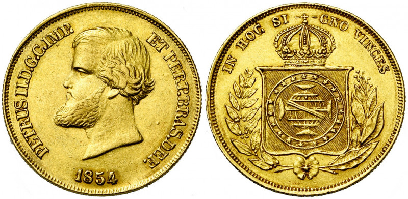 BRESIL, Pedro II (1831-1889), AV 10.000 reis, 1854. D/ T. enfantine à d. R/ Ecu ...