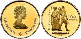 CANADA, Elisabeth II (1952-), AV 100 dollars, 1976. Jeux olympiques. 25 mm (1/2 oz). Fr. 7.
Flan poli