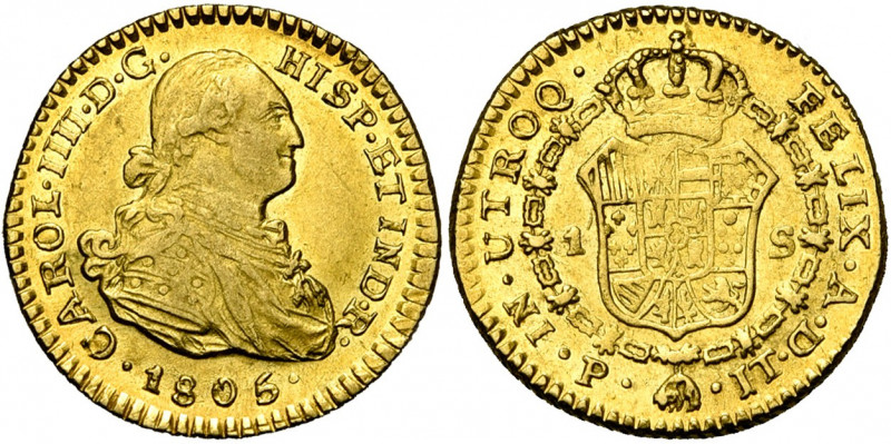 COLOMBIE, Charles IV (1788-1808), AV escudo, 1805JT, Popayan. D/ B. dr. et cuir....