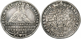 DANEMARK, Christian IV (1588-1648), AR speciedaler, 1647HK. D/ B. couronné et cuirassé à d., au-dessus d''un cartouche inscrit en trois lignes. R/ Ecu...