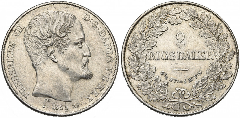 DANEMARK, Frédéric VII (1848-1863), AR 2 rigsdaler, 1855FF, Altona. Hede 6B. Net...