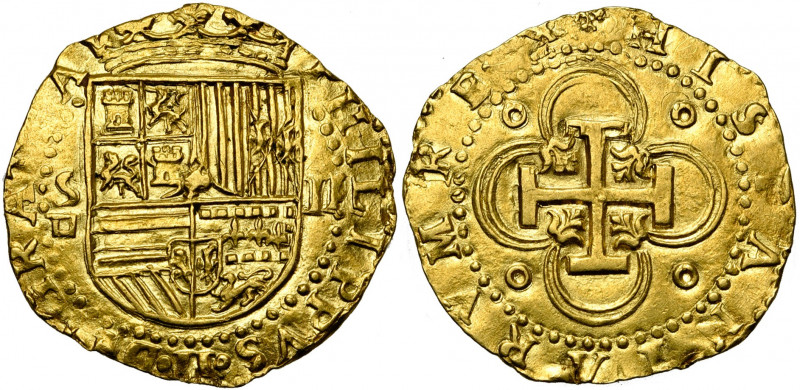 ESPAGNE, Philippe II (1556-1598), AV 2 escudos, s.d., Séville. D/ Ecu couronné e...