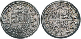 ESPAGNE, Charles II (1665-1700), AR 4 reales, 1683, Ségovie. D/ Ecu couronné. A g., aqueduc à trois arches et monogramme BR. R/ Armes écartelées de Ca...