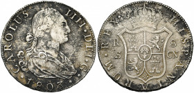ESPAGNE, Charles IV (1788-1808), AR 8 reales, 1803CN, Séville. Cal. 1065. Pièce d''épave avec corrosion marine typique.
Très Beau