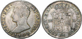 ESPAGNE, Joseph Napoléon (1808-1813), AR 20 reales, 1809AI, Madrid. Cal. 36; Dav. 308. Coups au revers.
Beau à Très Beau