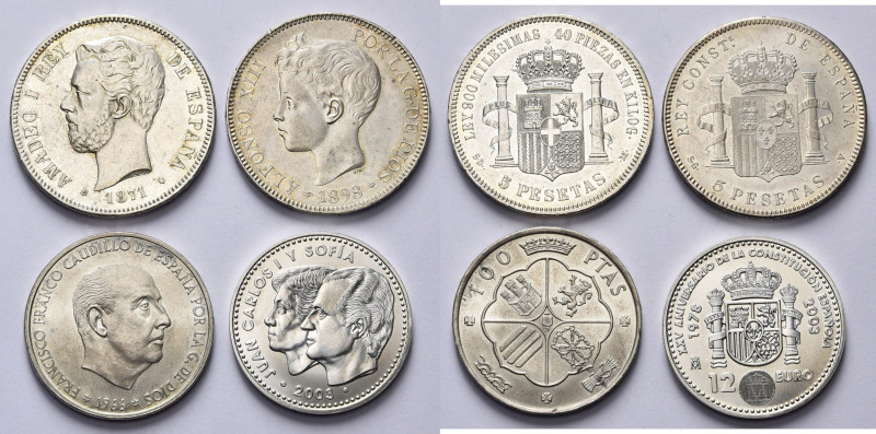 ESPAGNE, lot de 4 p.: Amédée Ier, 5 pesetas, 1871 (71); Alphonse XIII, 5 pesetas...