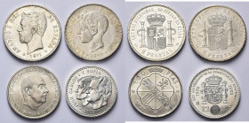 ESPAGNE, lot de 4 p.: Amédée Ier, 5 pesetas, 1871 (71); Alphonse XIII, 5 pesetas, 1898 (98); Francisco Franco, 100 pesetas, 1966 (69, rare); Juan Carl...