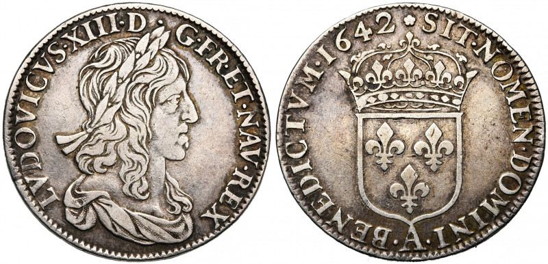 FRANCE, Royaume, Louis XIII (1610-1643), AR demi-écu, 1642A, Paris. Premier poin...