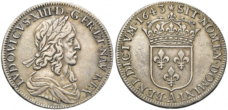 FRANCE, Royaume, Louis XIII (1610-1643), AR demi-écu, 1643A, Paris. Deuxième poi...