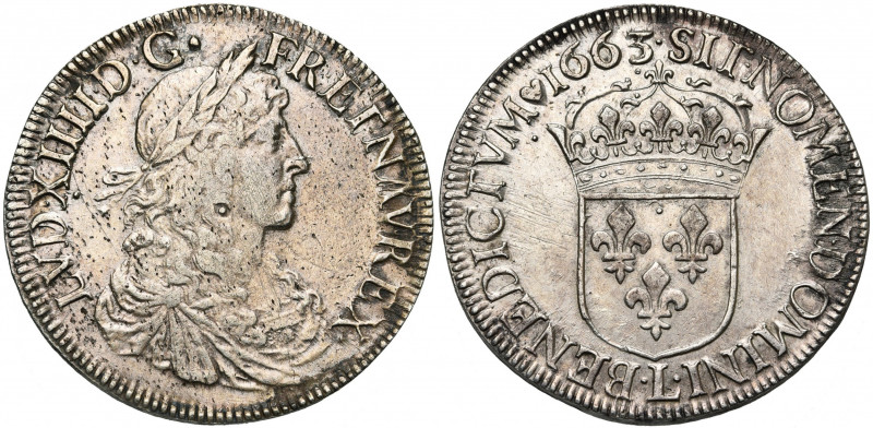 FRANCE, Royaume, Louis XIV (1643-1715), AR écu au buste juvénile, 1663L, Bayonne...